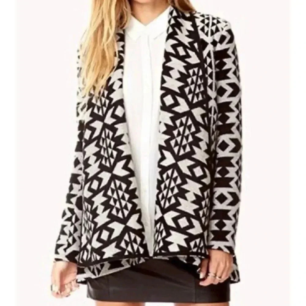FOREVER‎ 21 | Southwestern Aztec Print Open Front Oversized Sweater Coat | XS